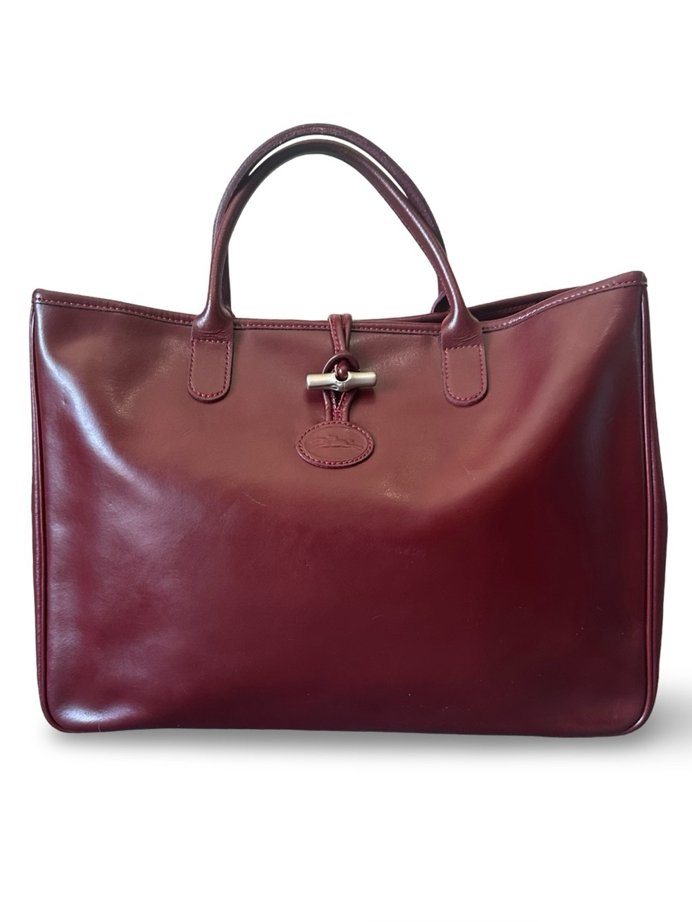 Authentic Longchamp Roseau Vintage Burgundy Smooth Leather Tote Bag